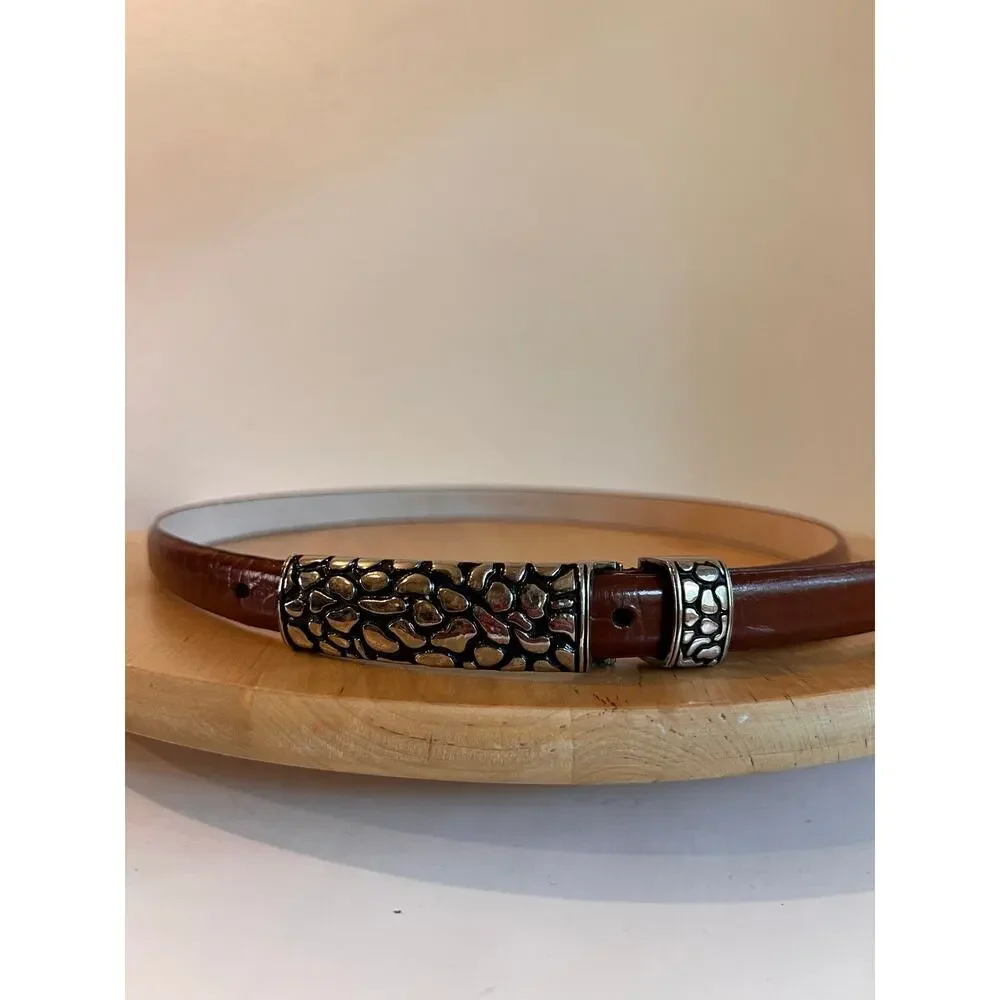 Vintage Lady Cativa Tan Genuine Leather Chunky Silver Buckle Belt Size Medium